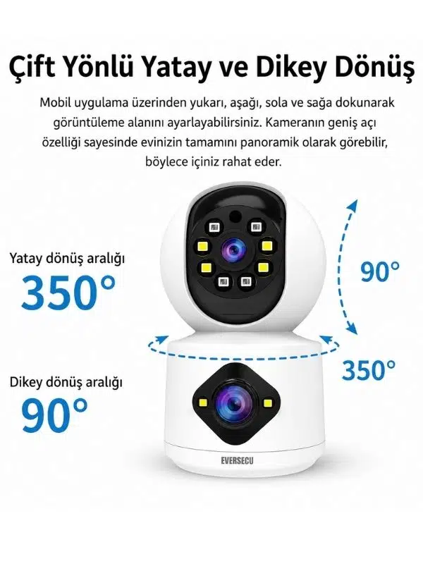 EVERSECU 2K 3MP Çift Lensli İç Mekan Kamera – Hareket Takip, Gece Görüş, 2 Yönlü Ses