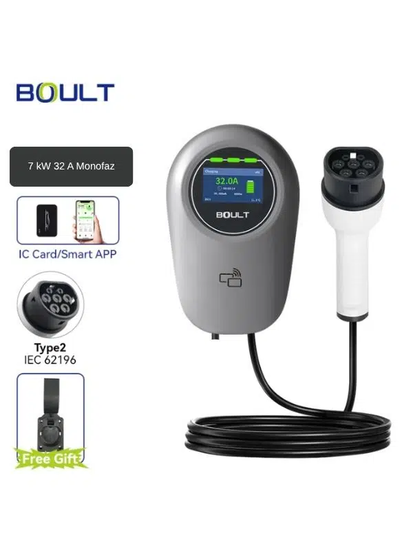 Boult 7 kW 32A Elektrikli Araç Şarj İstasyonu- 5 Metre Kablo - Monofaz - App ve Kart Destekli - Type 2