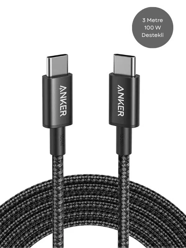 Anker 100W USB-C Şarj Kablosu 3m – Hızlı Şarj & Dayanıklı Naylon