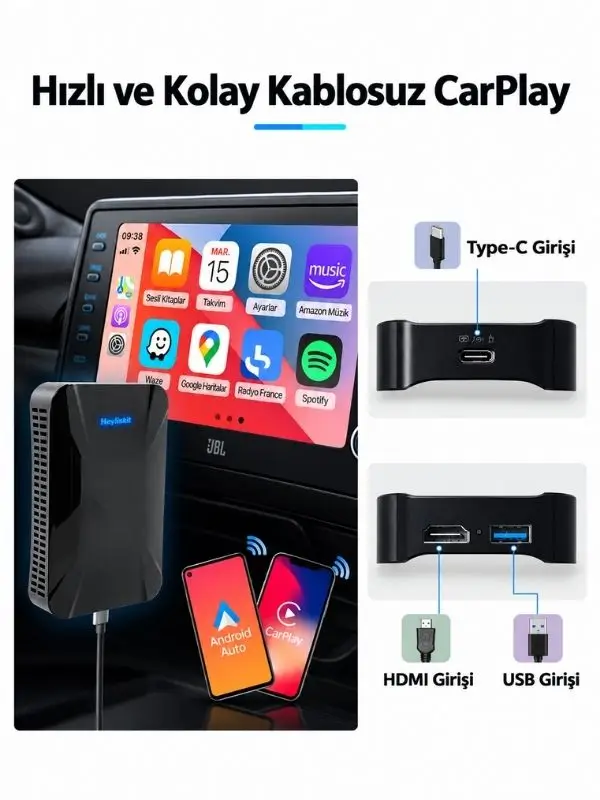 iHeylinkit CP-308 CarPlay AI Box Kablosuz CarPlay Android Auto Netflix YouTube HDMI