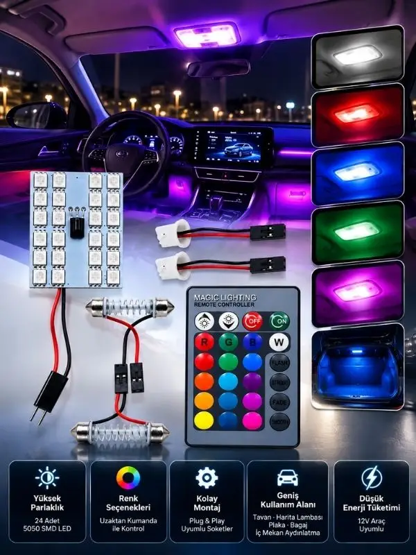 RGB 30 SMD LED Panel Araç İçi Tavan Harita Plaka Aydınlatma 12V 30 Ledli