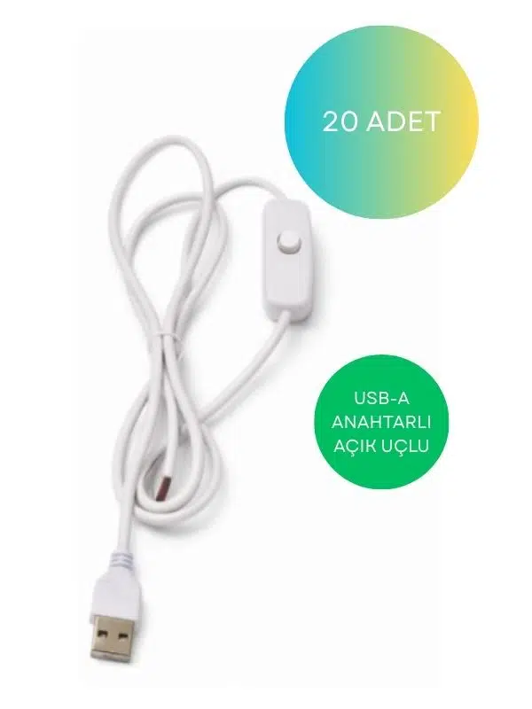 20 ADET Anahtarlı USB Erkek Kablo 5V 2 Amper Ucu Açık Beyaz USB Kablo 100 Cm - Açık Uçlu 