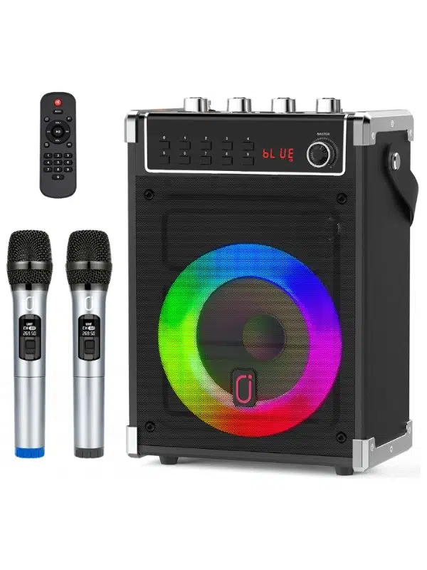 Karaoke Makinesi – 2 Kablosuz Mikrofonlu Bluetooth Hoparlör | LED Işıklı Taşınabilir Ses Sistemi