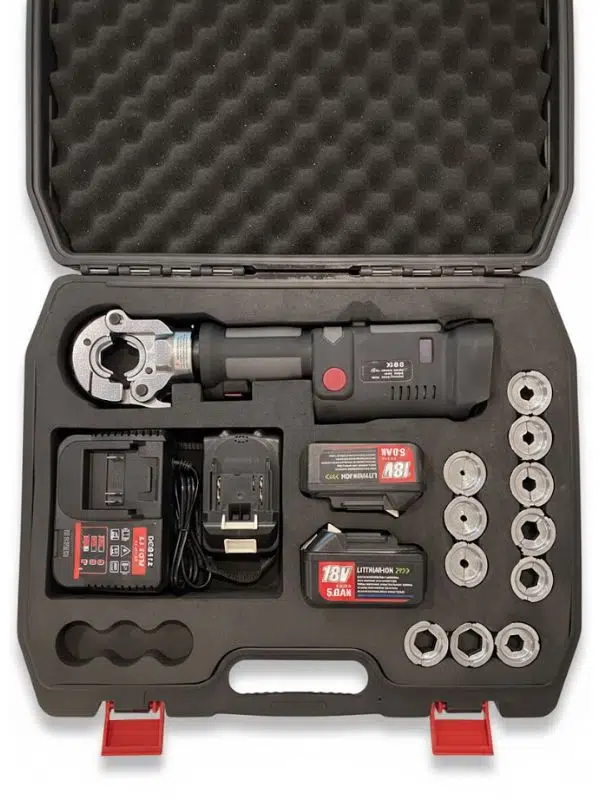 Şarjlı Elektrikli Hidrolik Sıkma Pensesi – 180° Dönebilen Kafa, Çoklu Kalıp Seti (16–300mm²)