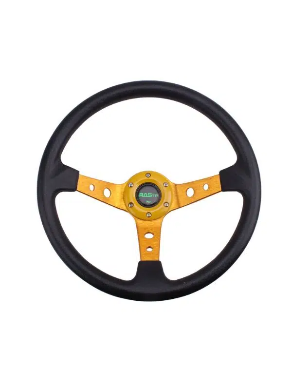 Universal 14” Altın Derin Tasarım Yarış Direksiyonu – 350 mm, 6 Cıvata, Korna Düğmeli