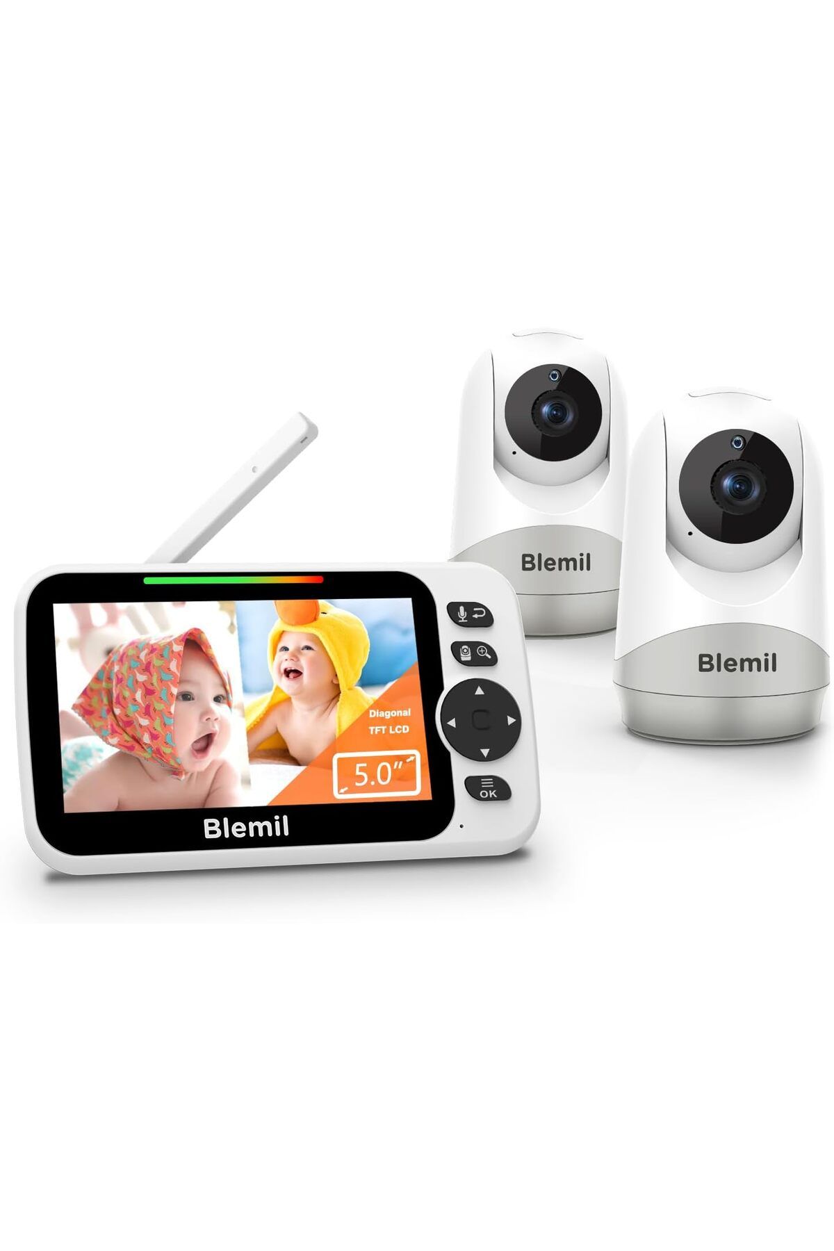 Blemil Bölünmüş Ekranlı Bebek Monitörü Çift Kamera Destekli Ses Özellikli 5 İnç Pan/Tilt/Zoom Gece