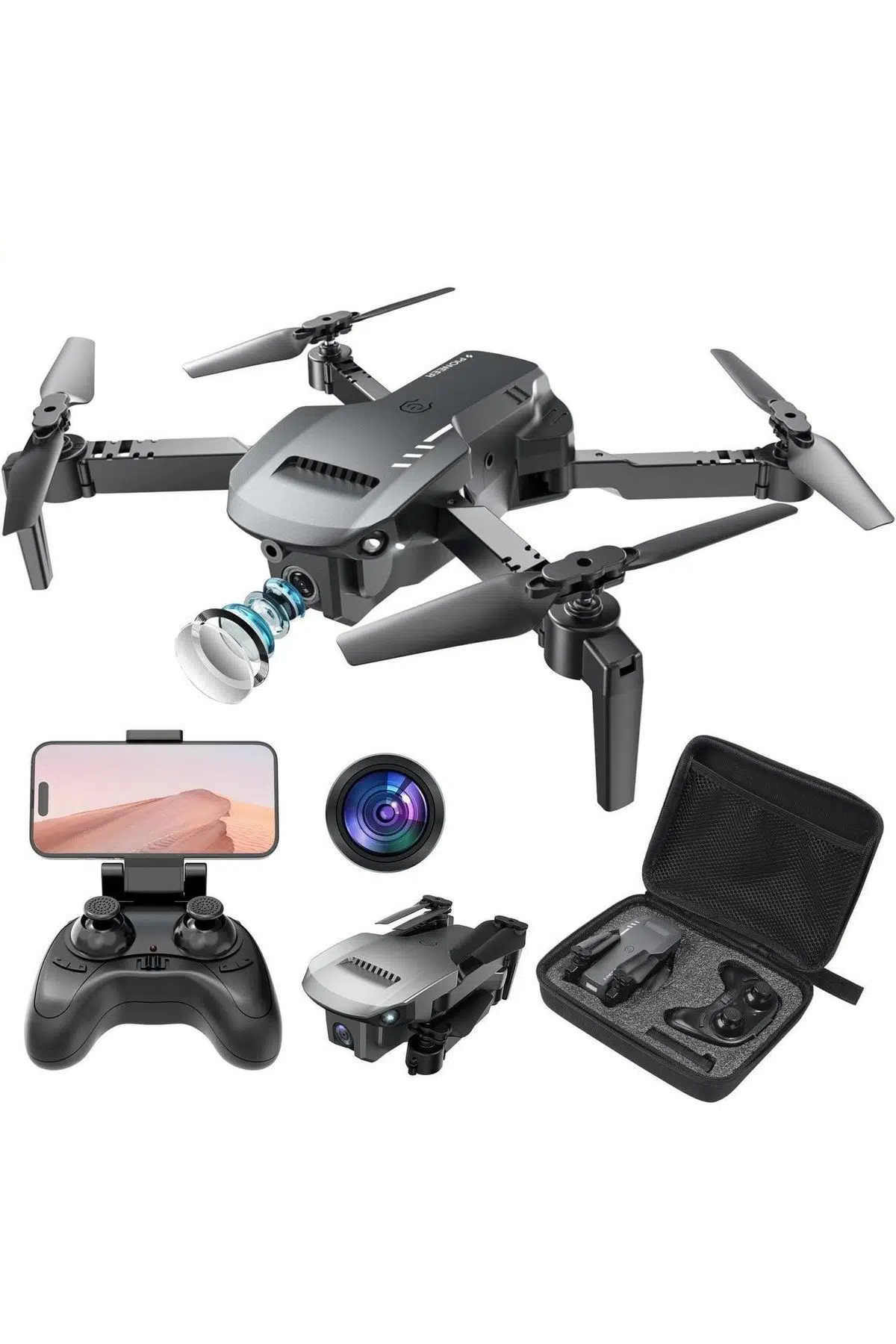 Pioneer 1812 720P 2.4GHz 360 Derece Kameralı HD Katlanabilir RC Quadcopter Drone + Yedek Pil Çanta