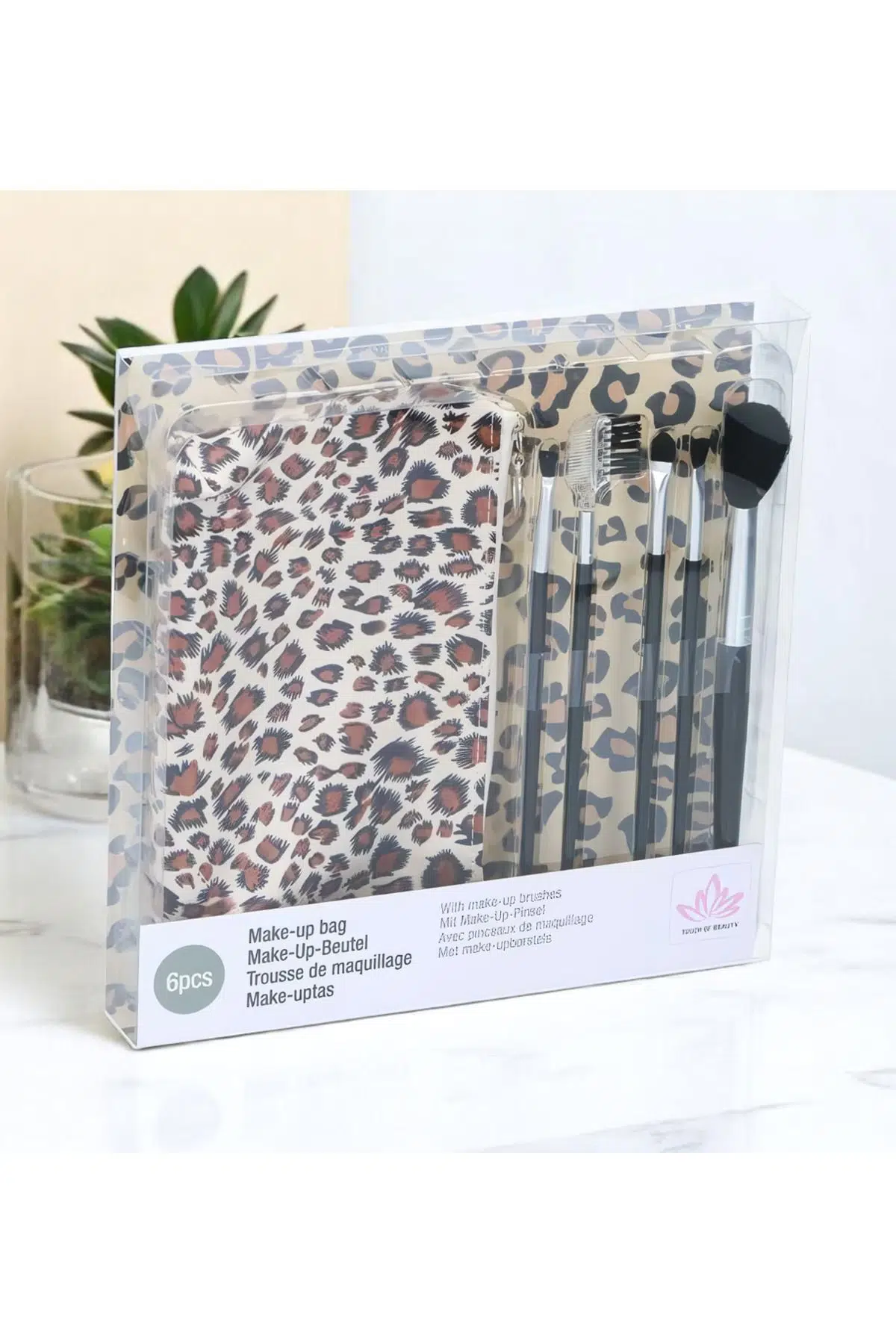 Touch Of Beauty Makyaj Fırça Seti 5li Make-Up Brush Seti Çanta Boy & Leopar Desenli Çanta